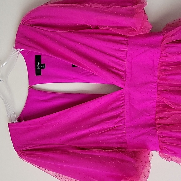 Lulus Women's Dramatic Poise Hot Pink Dot Tulle Puff Sleeve Tiered Mini … - Picture 3 of 15